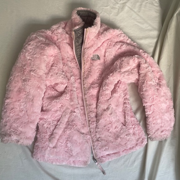 North Face Girls Reversible Mossbud Puffer Fleece Jacket Pink Gray 14-16 Large - Picture 2 of 4
